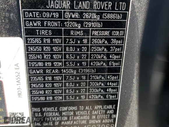 2020 Jaguar I-Pace SE z VIN SADHC2S18L1F87968, wystawiony jako Copart lot #66728514 z przebiegiem 63 267 mil mil oraz Szkoda całkowita • Salvage title. Historia ofert i sprzedaży dostępna na DreamBid. Obrazek 14.