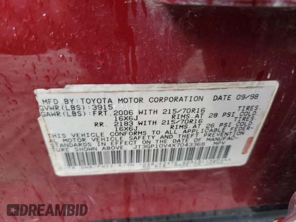1999 Toyota RAV4 with VIN JT3GP10V4X7043368, listed as a Copart auction lot 74942864 with 367,714 mi miles and Salvage Title. Bid and sale history available at DreamBid. Image 13.