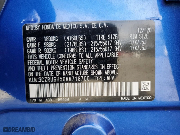 2021 Honda HR-V EX with VIN 3CZRU6H56MM718700, listed as a Copart auction lot 49334805 with 20,748 mi miles and Salvage Title. Bid and sale history available at carsss.com. Image 15.