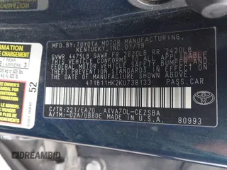 2019 Toyota Camry LE z VIN 4T1B11HK2KU738133, wystawiony jako IAAI lot #42499213 z przebiegiem 203 636 mil mil oraz . Historia ofert i sprzedaży dostępna na DreamBid. Obrazek 9.