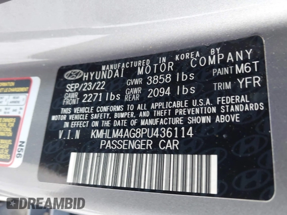 2023 Hyundai Elantra SEL with VIN KMHLM4AG8PU436114, listed as a IAAI auction lot 41588582 with 36,770 mi miles and . Bid and sale history available at DreamBid. Image 9.
