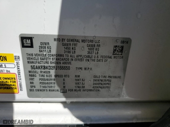2015 Buick Enclave Leather with VIN 5GAKRBKD2FJ166650, listed as a Copart auction lot 46887895 with 100,258 mi miles and Salvage Title. Bid and sale history available at carsss.com. Image 14.