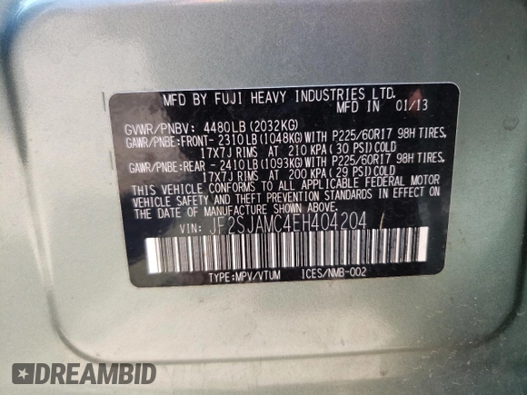 2014 Subaru Forester Touring with VIN JF2SJAMC4EH404204, listed as a Copart auction lot 60196965 with 200,292 mi miles and Salvage title. Bid and sale history available at DreamBid. Image 14.
