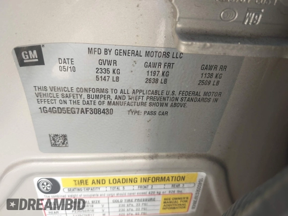 2010 Buick LaCrosse CXL with VIN 1G4GD5EG7AF308430, listed as a IAAI auction lot 42445323 with 144,205 mi miles and . Bid and sale history available at DreamBid. Image 9.