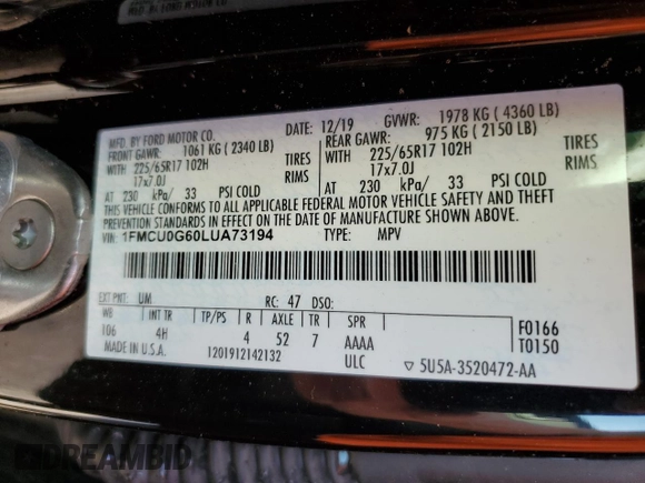 2020 Ford Escape SE with VIN 1FMCU0G60LUA73194, listed as a Copart auction lot 77064694 with Not Provided miles and Non Repairable. Bid and sale history available at carsss.com. Image 13.