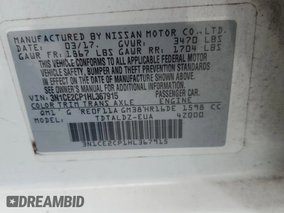 2017 Nissan Note S Plus with VIN 3N1CE2CP1HL367915, listed as a Copart auction lot 59493725 with 94,023 mi miles and Salvage title. Bid and sale history available at DreamBid. Image 13.