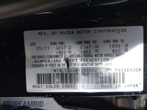 2011 Mazda 3 Mazdaspeed3 Sport with VIN JM1BL1K44B1488002, listed as a IAAI auction lot 41932996 with Not Provided miles and . Bid and sale history available at DreamBid. Image 9.