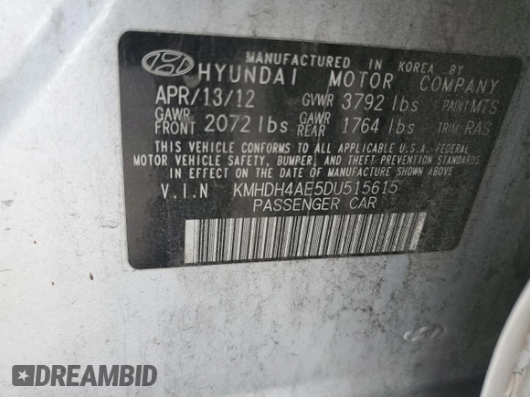 2013 Hyundai Elantra GLS z VIN KMHDH4AE5DU515615, wystawiony jako Copart lot #60572725 z przebiegiem 243 549 mil mil oraz Szkoda całkowita • Salvage title. Historia ofert i sprzedaży dostępna na DreamBid. Obrazek 12.