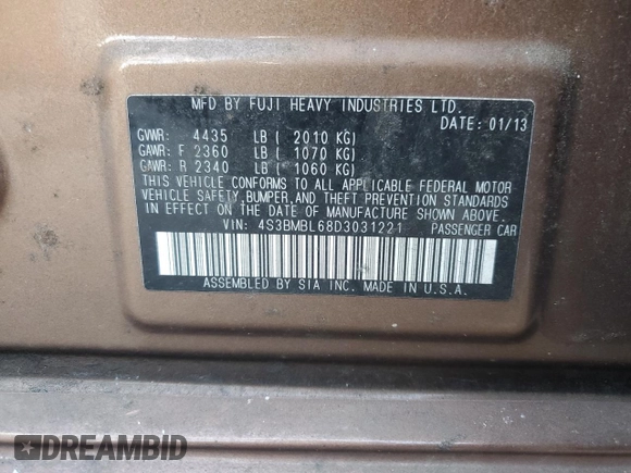 2013 Subaru Legacy Limited with VIN 4S3BMBL68D3031221, listed as a Copart auction lot 74792814 with 104,354 mi miles and Salvage title. Bid and sale history available at DreamBid. Image 12.