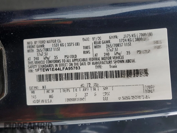 2020 Ford F-150 XL with VIN 1FTEW1E44LFA95783, listed as a Copart auction lot 41790685 with 117,281 mi miles and Salvage Title. Bid and sale history available at carsss.com. Image 13.