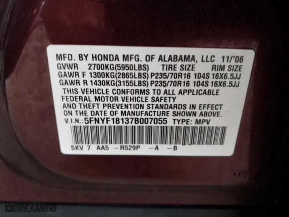 2007 Honda Pilot LX with VIN 5FNYF18137B007055, listed as a Copart auction lot 42397595 with 0 mi miles and Salvage Title. Bid and sale history available at carsss.com. Image 14.
