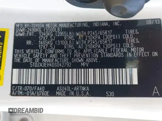 2013 Toyota Highlander with VIN 5TDZA3EH4DS042792, listed as a IAAI auction lot 41820271 with 118,536 mi miles and . Bid and sale history available at DreamBid. Image 9.