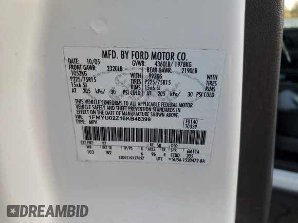2006 Ford Escape XLS with VIN 1FMYU02Z16KB46399, listed as a Copart auction lot 79615324 with 177,455 mi miles and Clean title. Bid and sale history available at DreamBid. Image 12.