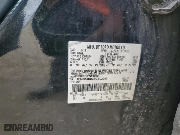 2014 Ford Explorer с VIN 1FM5K8B87EGB02987, выставлен на аукционе Copart как лот 47764275 с пробегом 129 910 миль миль и Списание • Salvage title. История ставок и продаж доступна на DreamBid. Изображение 14.