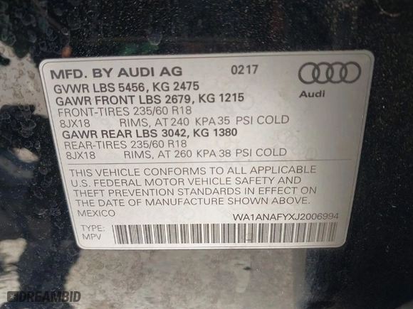 2018 Audi Q5 Premium with VIN WA1ANAFYXJ2006994, listed as a IAAI auction lot 41888392 with 96,066 mi miles. Bid and sale history available at carsss.com. Image 9.