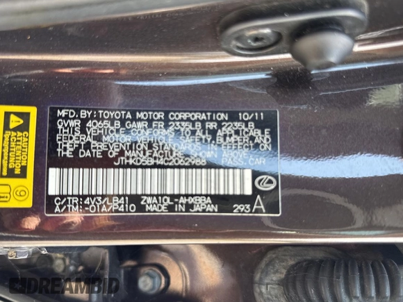 2012 Lexus CT 200h z VIN JTHKD5BH4C2062988, wystawiony jako Copart lot #58529705 z przebiegiem 153 672 mil mil oraz Tytuł czysty. Historia ofert i sprzedaży dostępna na DreamBid. Obrazek 10.