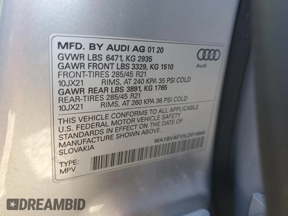 2020 Audi Q8 Premium Plus with VIN WA1BVAF10LD014844, listed as a Copart auction lot 83256404 with 0 mi miles and Salvage Title. Bid and sale history available at carsss.com. Image 14.