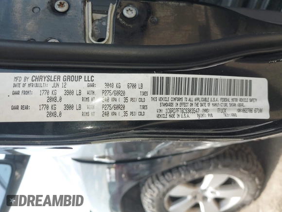 2012 Ram 1500 Express with VIN 1C6RD7FT6CS303547, listed as a IAAI auction lot 42091383 with 176,122 mi miles and . Bid and sale history available at DreamBid. Image 9.