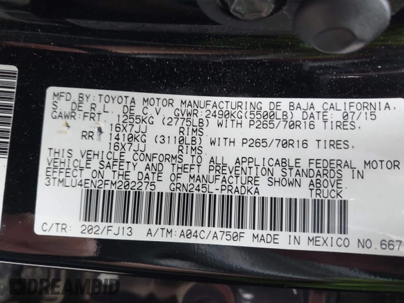 2015 Toyota Tacoma с VIN 3TMLU4EN2FM202275, выставлен на аукционе IAAI как лот 42523799 с пробегом 76 170 миль миль и . История ставок и продаж доступна на DreamBid. Изображение 9.