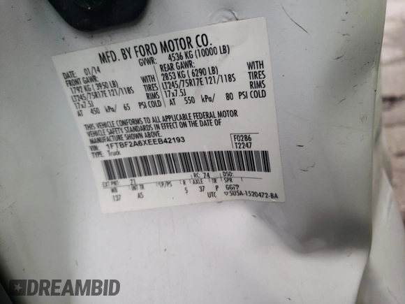 2014 Ford F-250 XL with VIN 1FTBF2A6XEEB42193, listed as a Copart auction lot 81949654 with 157,687 mi miles and Salvage title. Bid and sale history available at DreamBid. Image 12.