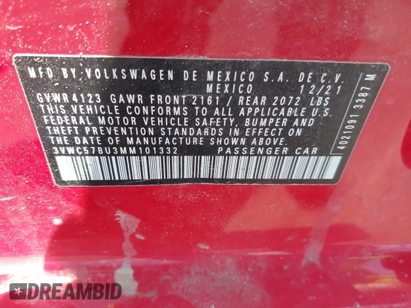 2021 Volkswagen Jetta S with VIN 3VWC57BU3MM101332, listed as a IAAI auction lot 42387466 with 116,319 mi miles and . Bid and sale history available at DreamBid. Image 9.