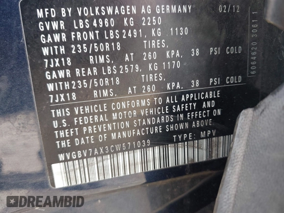 2012 Volkswagen Tiguan S with VIN WVGBV7AX3CW571039, listed as a IAAI auction lot 41928361 with 165,938 mi miles and . Bid and sale history available at DreamBid. Image 9.
