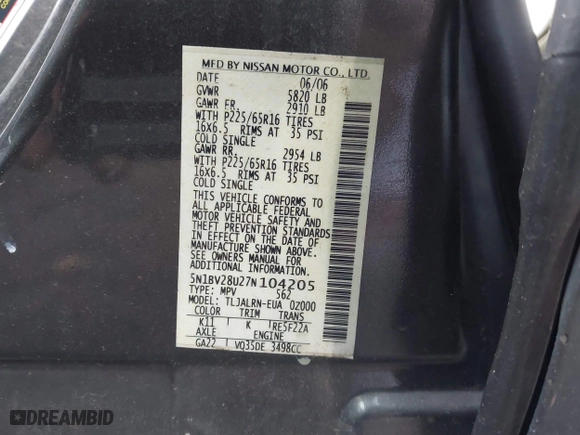 2007 Nissan Quest with VIN 5N1BV28U27N104205, listed as a IAAI auction lot 41467982 with 183,428 mi miles. Bid and sale history available at carsss.com. Image 9.