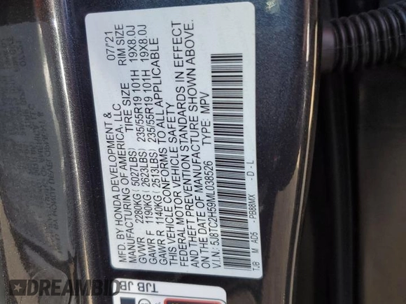 2021 Acura RDX w/Technology Package with VIN 5J8TC2H59ML038526, listed as a Copart auction lot 49904055 with 31,422 mi miles and Salvage Title. Bid and sale history available at carsss.com. Image 13.