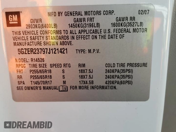 2007 Saturn Outlook XR z VIN 5GZER23797J121421, wystawiony jako Copart lot #81541444 z przebiegiem Nie podano mil oraz Szkoda całkowita • Salvage title. Historia ofert i sprzedaży dostępna na DreamBid. Obrazek 15.