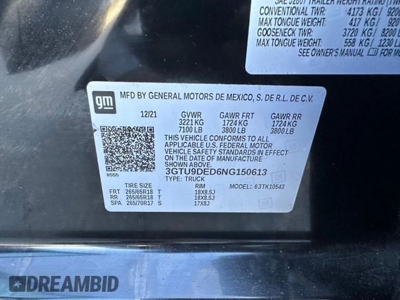 2022 GMC Sierra 1500 SLT with VIN 3GTU9DED6NG150613, listed as a Copart auction lot 60988005 with 335,056 mi miles and Clean title. Bid and sale history available at DreamBid. Image 10.