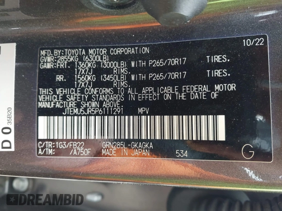 2023 Toyota 4Runner SR5 с VIN JTEMU5JR5P6111291, выставлен на аукционе IAAI как лот 41834542 с пробегом 63 399 миль миль и . История ставок и продаж доступна на DreamBid. Изображение 9.