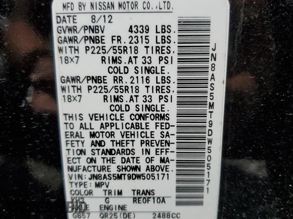 2013 Nissan Rogue S with VIN JN8AS5MT9DW505171, listed as a Copart auction lot 53270255 with 118,786 mi miles and Salvage Title. Bid and sale history available at carsss.com. Image 13.