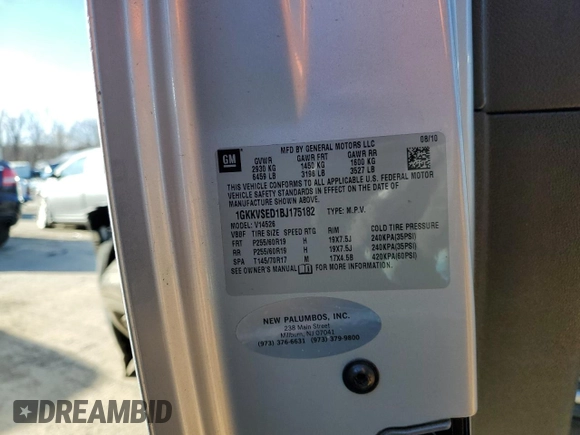 2011 GMC Acadia SLT2 with VIN 1GKKVSED1BJ175182, listed as a Copart auction lot 41492155 with 184,077 mi miles and Salvage title. Bid and sale history available at DreamBid. Image 13.
