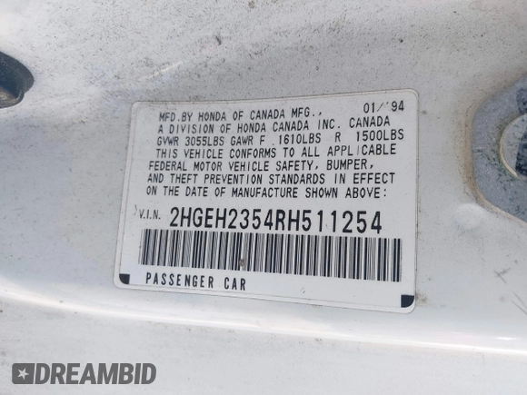 1994 Honda Civic CX with VIN 2HGEH2354RH511254, listed as a IAAI auction lot 41996199 with 155,547 mi miles and . Bid and sale history available at DreamBid. Image 9.