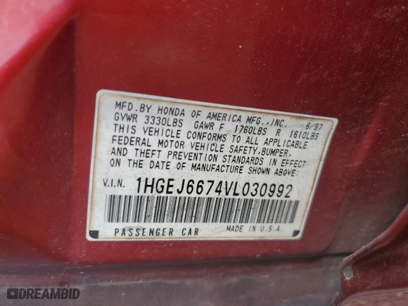 1997 Honda Civic LX "O" w/Air with VIN 1HGEJ6674VL030992, listed as a Copart auction lot 49231255 with 123,617 mi miles and Salvage Title. Bid and sale history available at carsss.com. Image 13.
