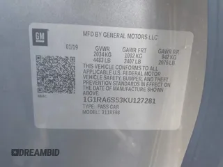 2019 Chevrolet Volt LT with VIN 1G1RA6S53KU127281, listed as a IAAI auction lot 41338231 with 23,554 mi miles. Bid and sale history available at carsss.com. Image 9.