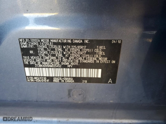 2010 Toyota RAV4 with VIN 2T3BK4DV8AW025452, listed as a Copart auction lot 44208255 with 168,312 mi miles and Salvage Title. Bid and sale history available at carsss.com. Image 16.