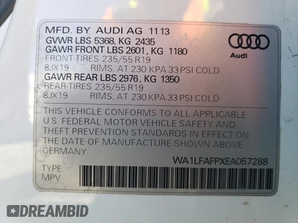 2014 Audi Q5 Premium Plus with VIN WA1LFAFPXEA057288, listed as a Copart auction lot 52636095 with 133,401 mi miles and Salvage Title. Bid and sale history available at carsss.com. Image 14.