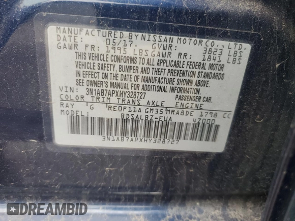 2017 Nissan Sentra S with VIN 3N1AB7APXHY328727, listed as a Copart auction lot 60893635 with 69,822 mi miles and Salvage title. Bid and sale history available at DreamBid. Image 13.