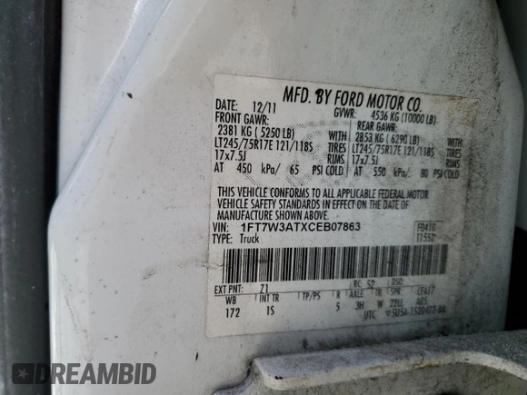 2012 Ford F-350 XL with VIN 1FT7W3ATXCEB07863, listed as a Copart auction lot 86399544 with 158,932 mi miles and Salvage Title. Bid and sale history available at DreamBid. Image 13.