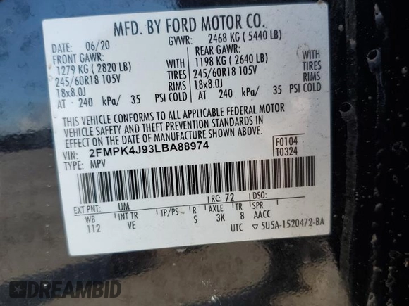 2020 Ford Edge SEL с VIN 2FMPK4J93LBA88974, выставлен на аукционе Copart как лот 62339285 с пробегом Не указан миль и Списание • Salvage title. История ставок и продаж доступна на DreamBid. Изображение 12.