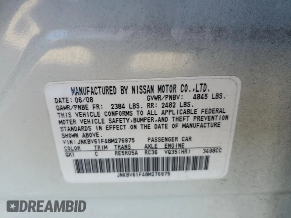2008 Infiniti G35 x with VIN JNKBV61F48M276975, listed as a Copart auction lot 77353364 with 115,342 mi miles and Salvage Title. Bid and sale history available at DreamBid. Image 15.
