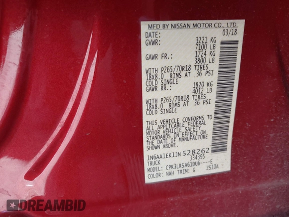 2018 Nissan Titan SV with VIN 1N6AA1EK1JN528262, listed as a IAAI auction lot 41665065 with 96,491 mi miles. Bid and sale history available at carsss.com. Image 9.