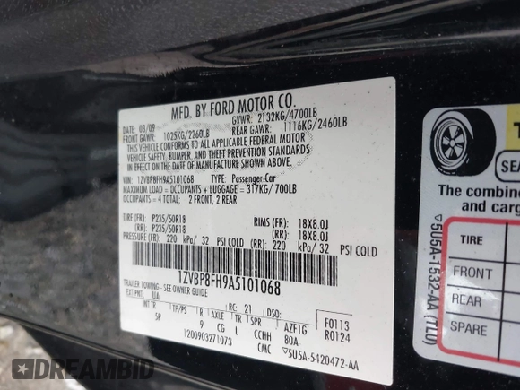 2010 Ford Mustang GT with VIN 1ZVBP8FH9A5101068, listed as a IAAI auction lot 42387476 with 70,252 mi miles and . Bid and sale history available at DreamBid. Image 9.
