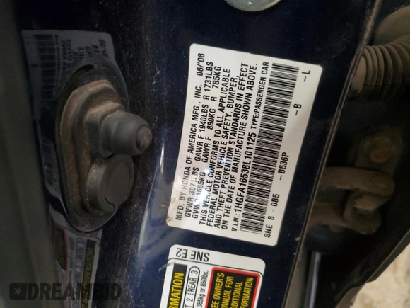 2008 Honda Civic LX with VIN 1HGFA16538L101125, listed as a Copart auction lot 55877955 with 191,387 mi miles and Non Repairable. Bid and sale history available at DreamBid. Image 12.
