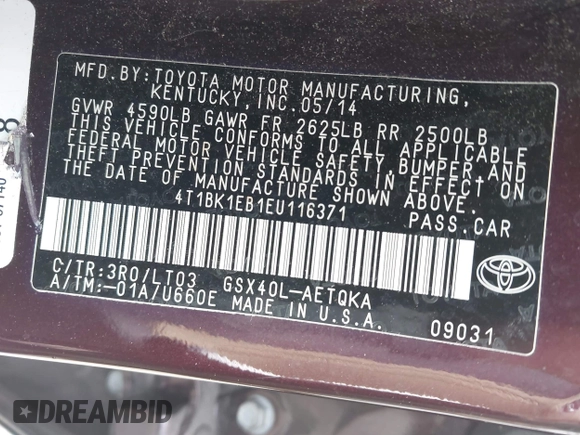 2014 Toyota Avalon Limited with VIN 4T1BK1EB1EU116371, listed as a IAAI auction lot 41936991 with Not Provided miles and . Bid and sale history available at DreamBid. Image 9.