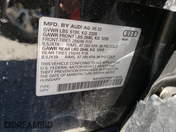 2022 Audi Q3 S line Premium Plus with VIN WA1EECF36N1148238, listed as a Copart auction lot 46962973 with 2,656 mi miles and . Bid and sale history available at DreamBid. Image 12.
