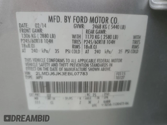 2014 Lincoln MKX with VIN 2LMDJ6JK3EBL07783, listed as a Copart auction lot 53262235 with 57,923 mi miles and Salvage Title. Bid and sale history available at DreamBid. Image 12.