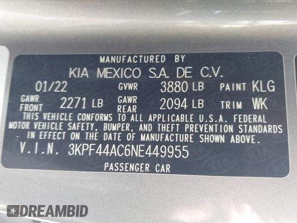 2022 Kia Forte GT with VIN 3KPF44AC6NE449955, listed as a IAAI auction lot 42104499 with 59,366 mi miles and . Bid and sale history available at carsss.com. Image 9.