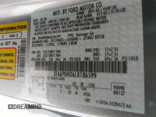 2020 Ford Fusion SE with VIN 3FA6P0HD6LR186599, listed as a IAAI auction lot 41541530 with 0 mi miles. Bid and sale history available at carsss.com. Image 9.